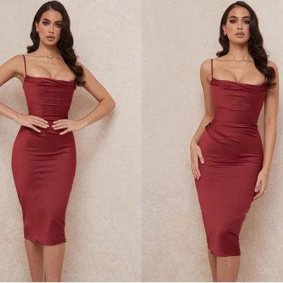HOUSE OF CB 'Anja' Wine Satin Corset Midi Dress NWOT